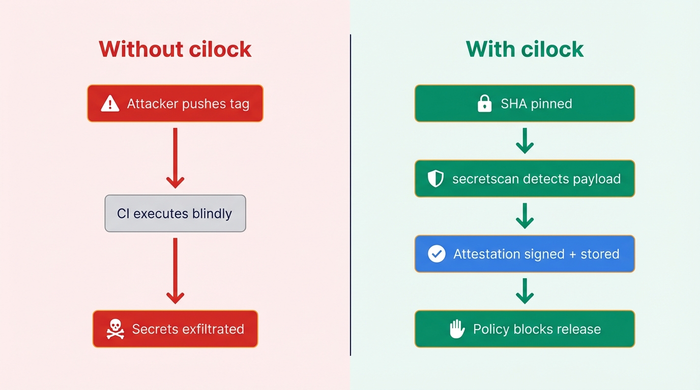 Without cilock: attacker pushes tag → CI executes blindly → secrets exfiltrated. With cilock: SHA pinned → secretscan detects payload → attestation signed and stored → policy blocks release